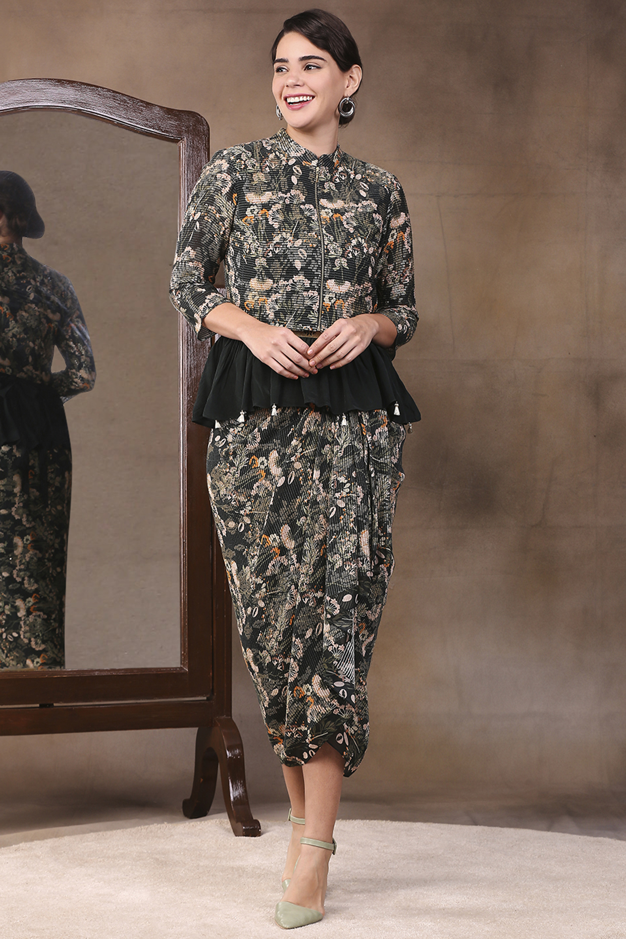 Teal Green Printed Skirt Set With Jacket by Soup by Sougat Paul at Pernia's Pop Up Shop