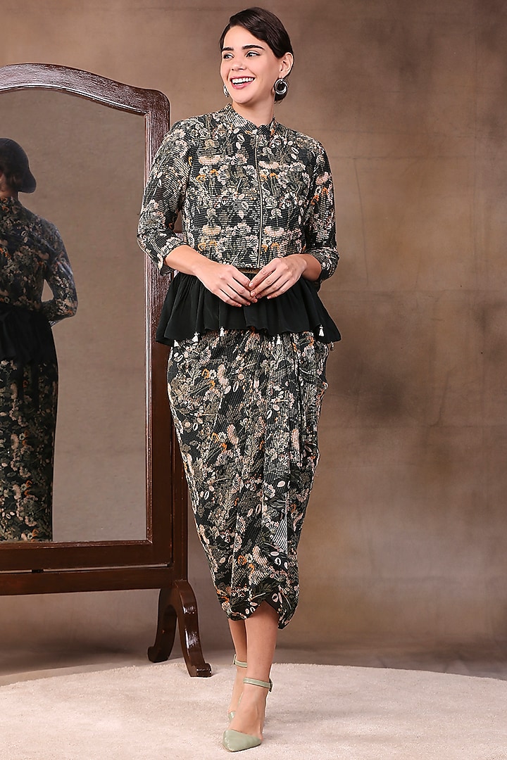 Teal Green Printed Skirt Set With Jacket by Soup by Sougat Paul at Pernia's Pop Up Shop