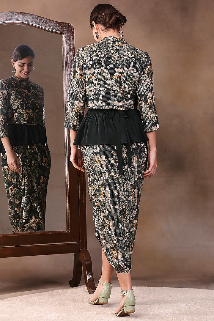 Teal Green Printed Skirt Set With Jacket by Soup by Sougat Paul at Pernia's Pop Up Shop