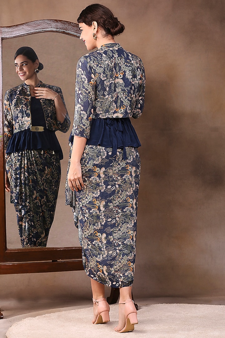 Dark Blue Printed Skirt Set With Jacket by Soup by Sougat Paul at Pernia's Pop Up Shop