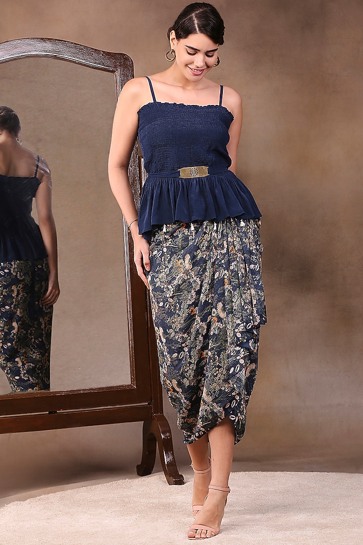 Dark Blue Printed Skirt Set With Jacket by Soup by Sougat Paul at Pernia's Pop Up Shop
