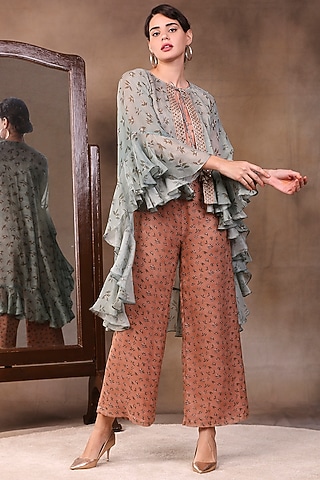 Coral Printed Jumpsuit With Cape by Soup by Sougat Paul