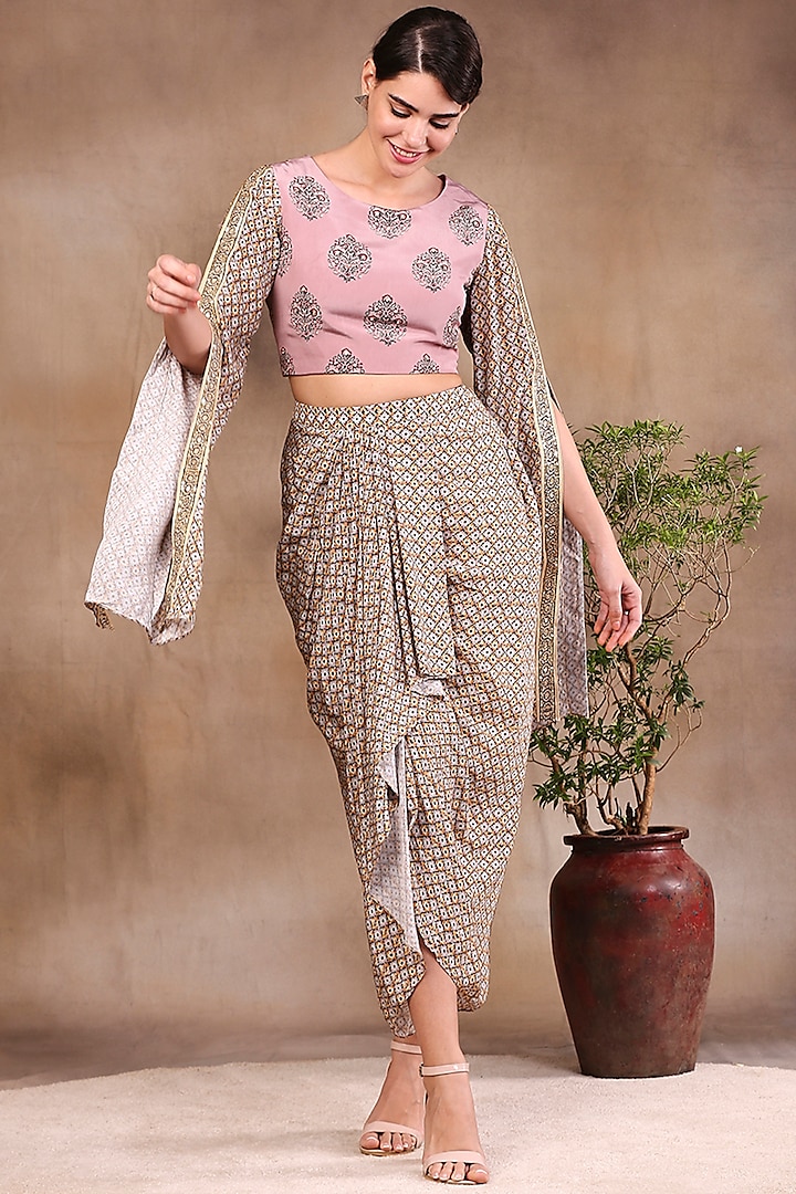 Beige Printed Dhoti Skirt Set by Soup by Sougat Paul
