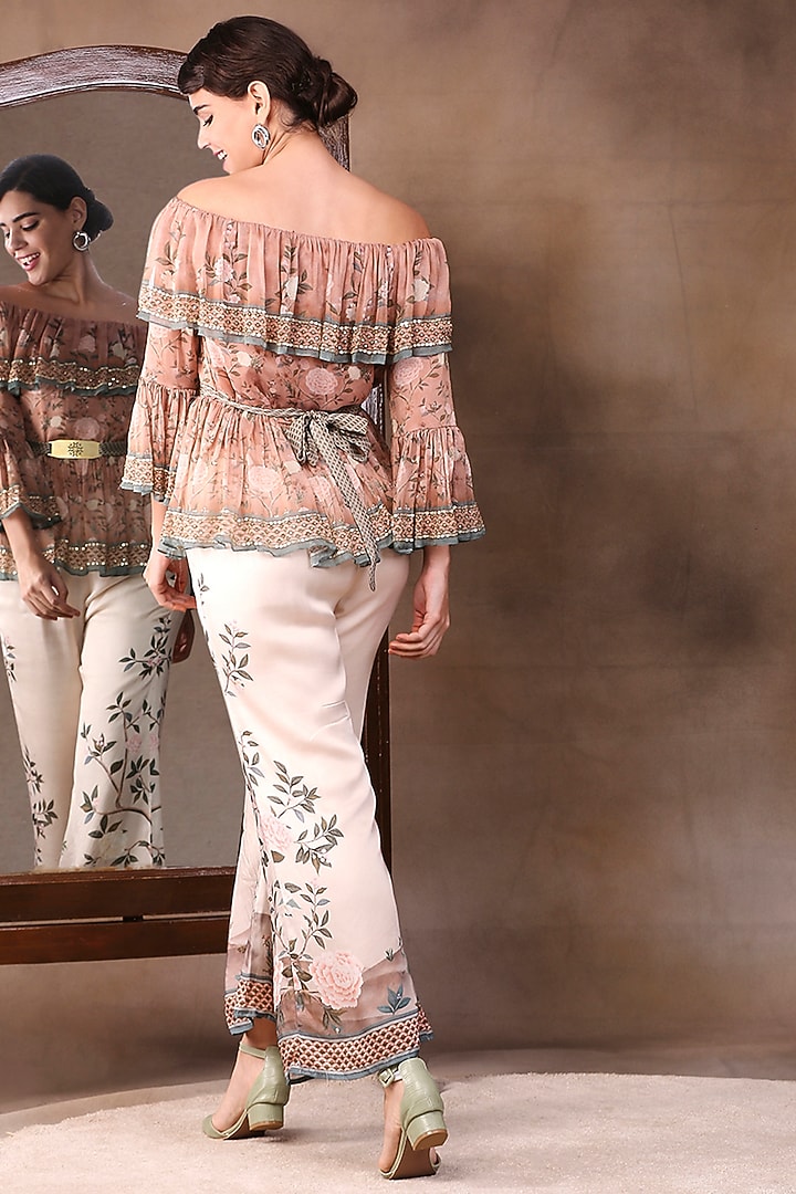 Peach & White Printed Satin Pant Set by Soup by Sougat Paul at Pernia's Pop Up Shop