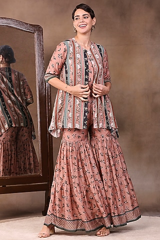 Coral Floral Printed Jumpsuit With Jacket by Soup by Sougat Paul