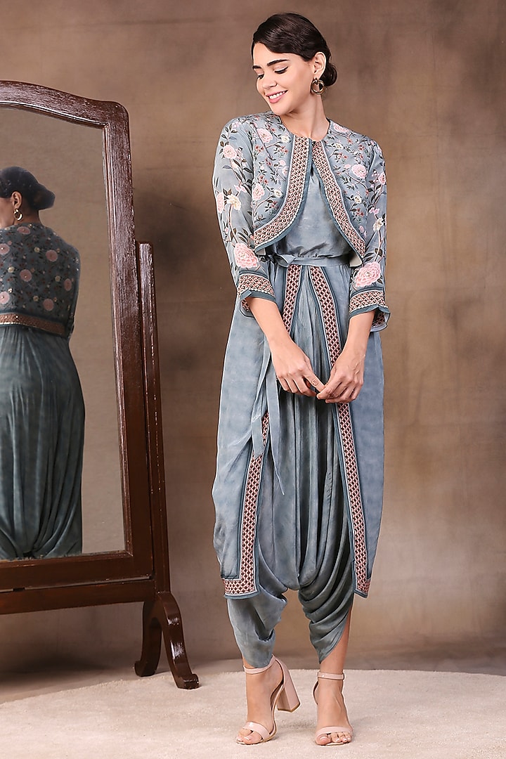 Green Printed Dhoti Jumpsuit With Jacket by Soup by Sougat Paul