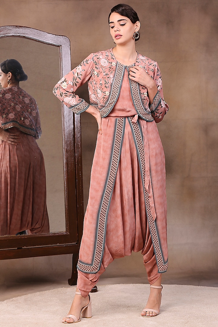 Peach Printed Dhoti Jumpsuit With Jacket by Soup by Sougat Paul