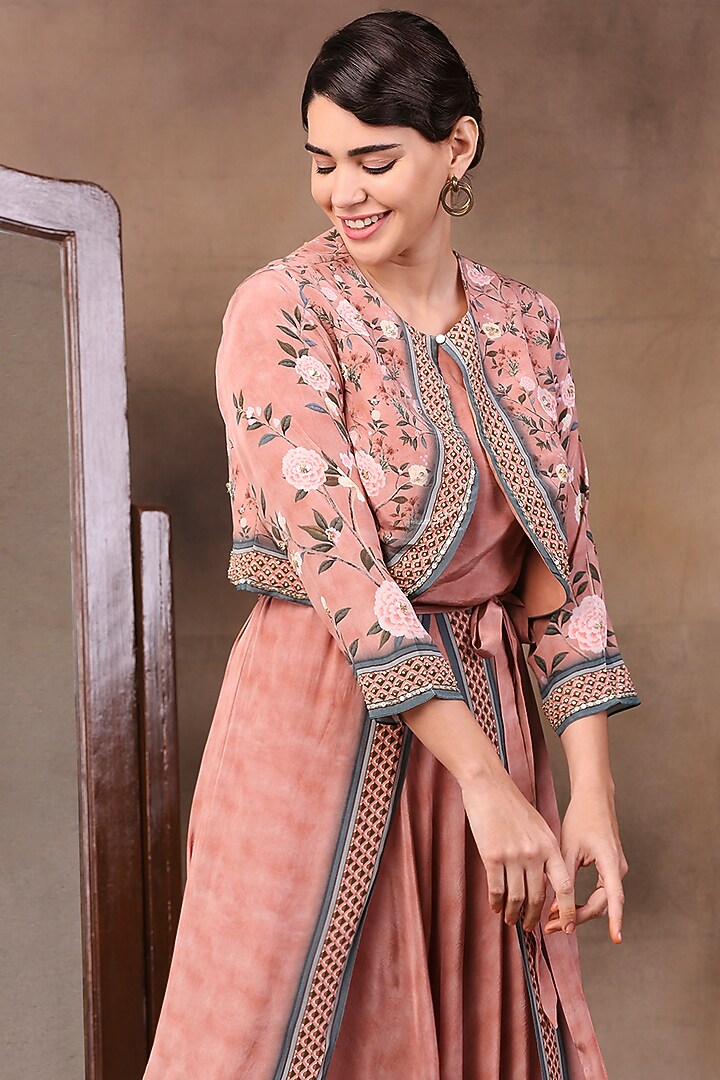 Peach Printed Dhoti Jumpsuit With Jacket by Soup by Sougat Paul at Pernia's Pop Up Shop