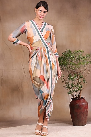 Multi-Colored Printed Overlap Dress by Soup by Sougat Paul