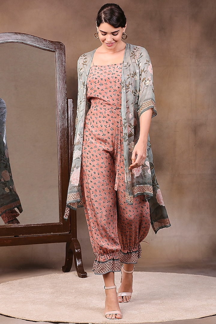 Green Printed Jumpsuit With High-Low Jacket by Soup by Sougat Paul at Pernia's Pop Up Shop