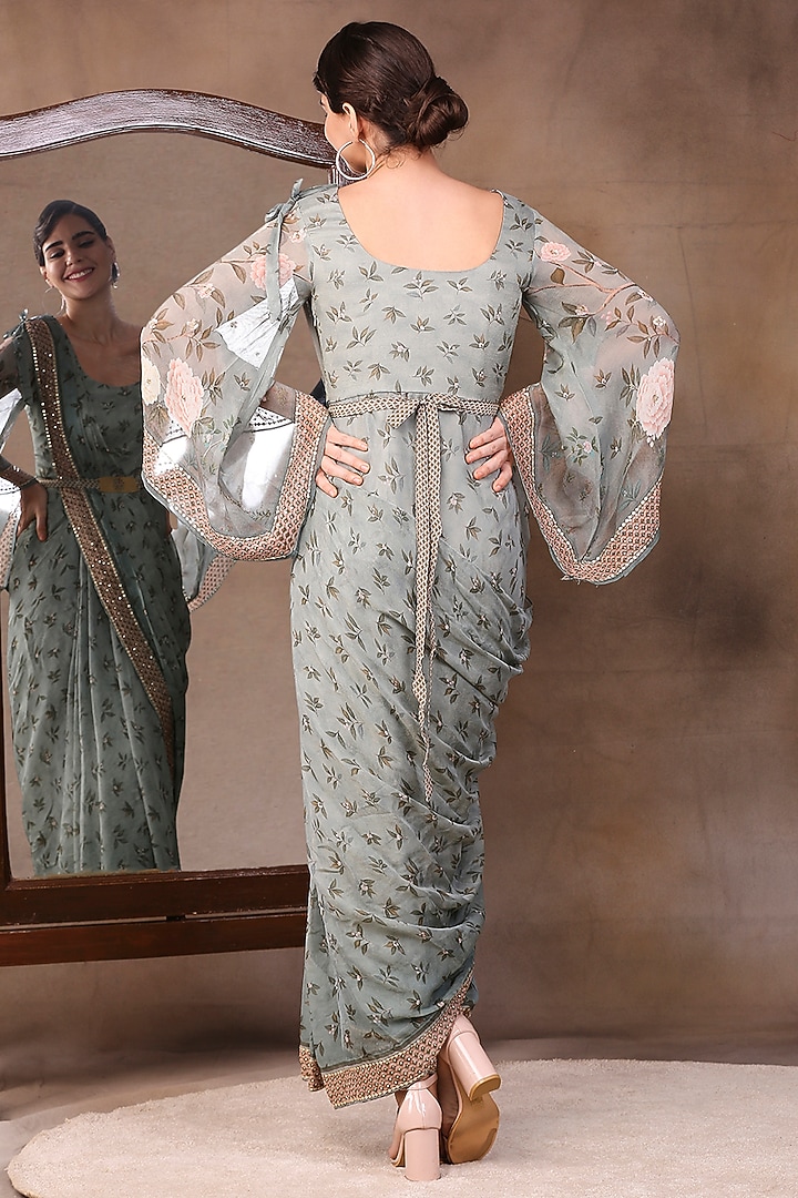 Green Printed Pre-Stitched Party Wear Saree Set by Soup by Sougat Paul at Pernia's Pop Up Shop