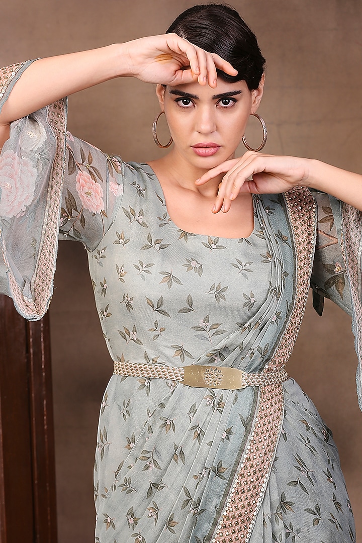 Green Printed Pre-Stitched Party Wear Saree Set by Soup by Sougat Paul at Pernia's Pop Up Shop