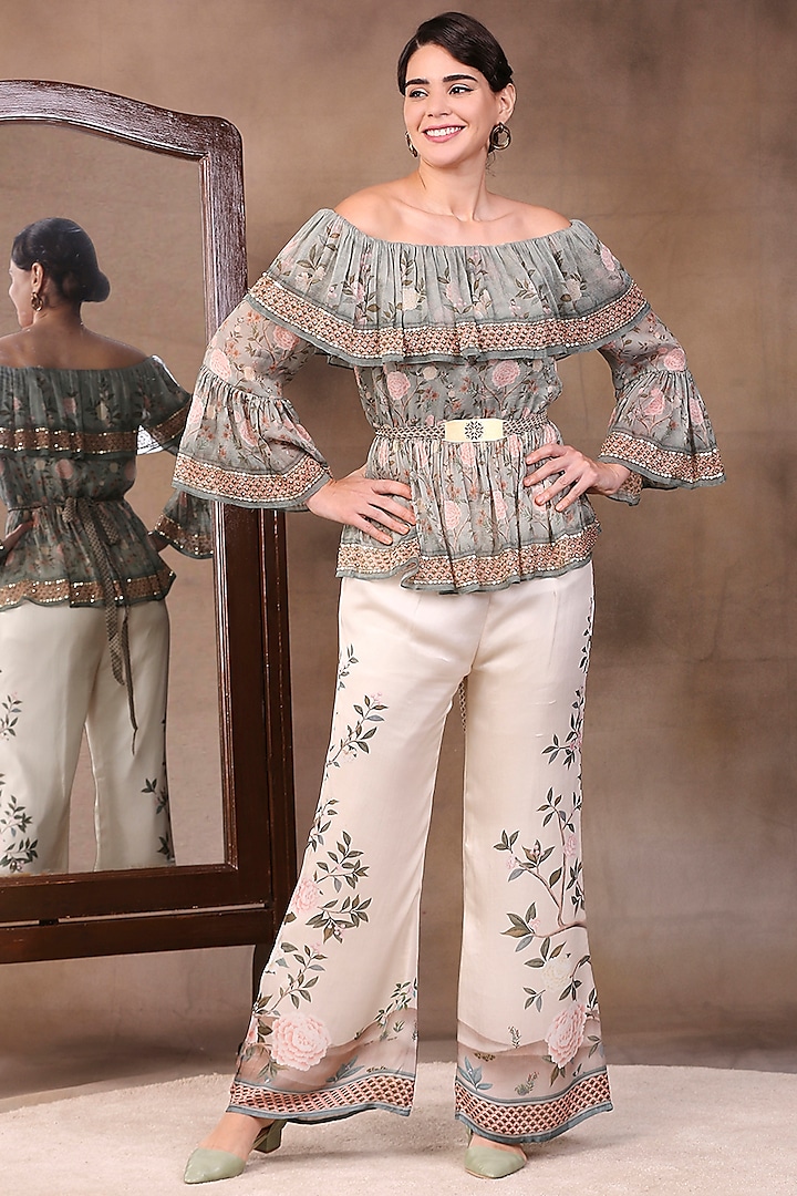 Green & Cream Printed Satin Pant Set by Soup by Sougat Paul at Pernia's Pop Up Shop