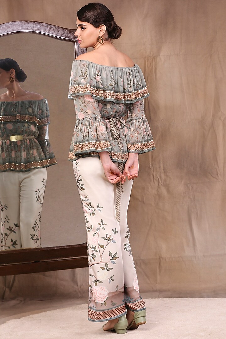 Green & Cream Printed Satin Pant Set by Soup by Sougat Paul at Pernia's Pop Up Shop