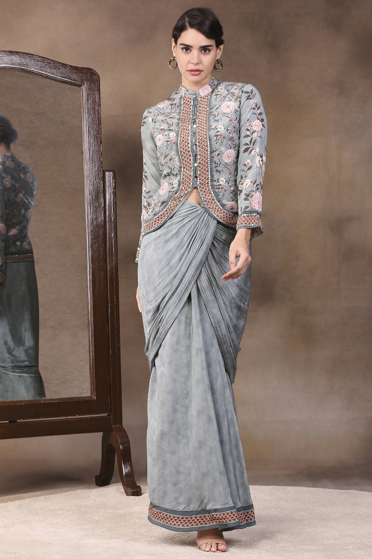 Green Printed Drape Skirt Set by Soup by Sougat Paul at Pernia's Pop Up Shop