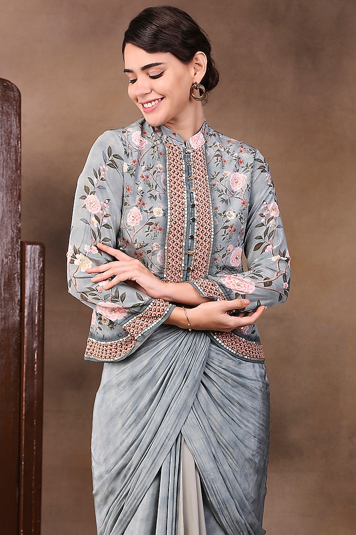 Green Printed Drape Skirt Set by Soup by Sougat Paul at Pernia's Pop Up Shop