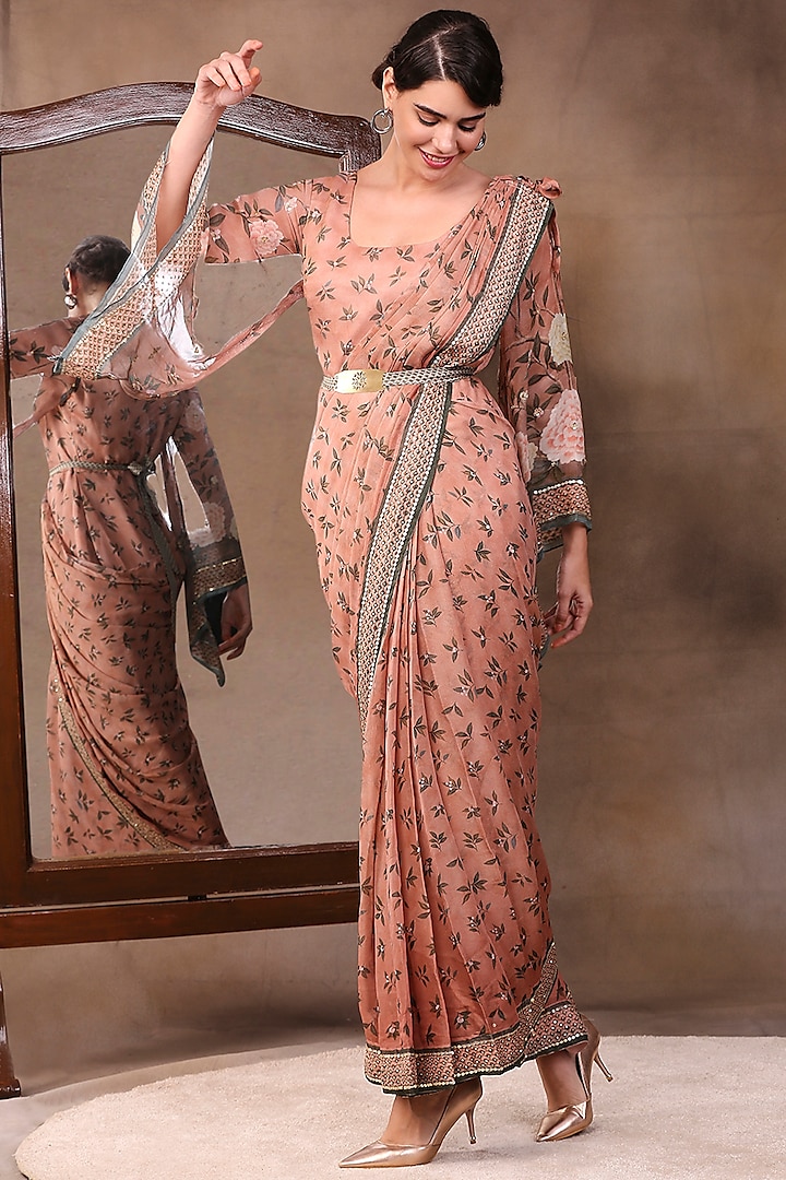 Peach Printed Draped Saree Set by Soup by Sougat Paul