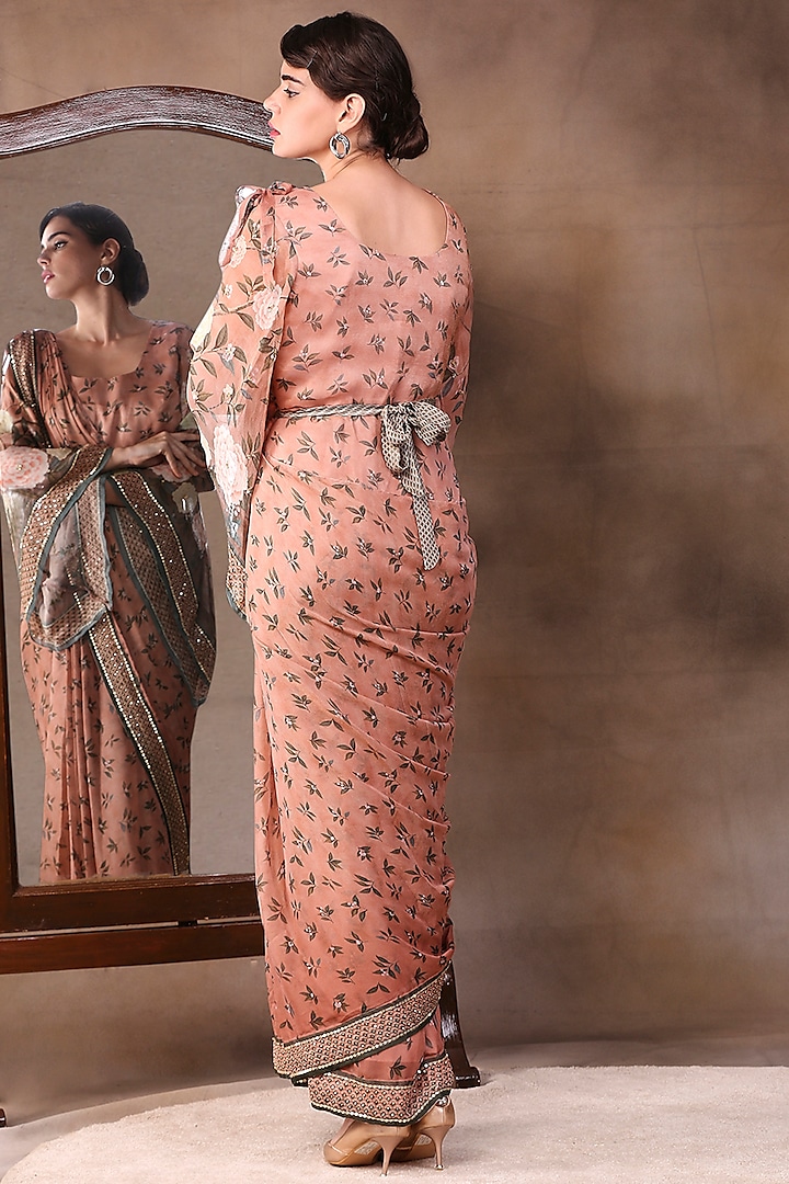 Peach Crepe Printed Draped Party Wear Saree Set by Soup by Sougat Paul at Pernia's Pop Up Shop