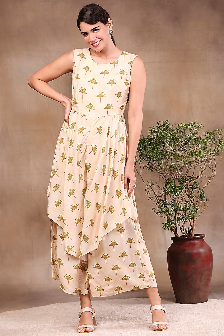 Cream Printed Jumpsuit With Embroidered Jacket by Soup by Sougat Paul at Pernia's Pop Up Shop