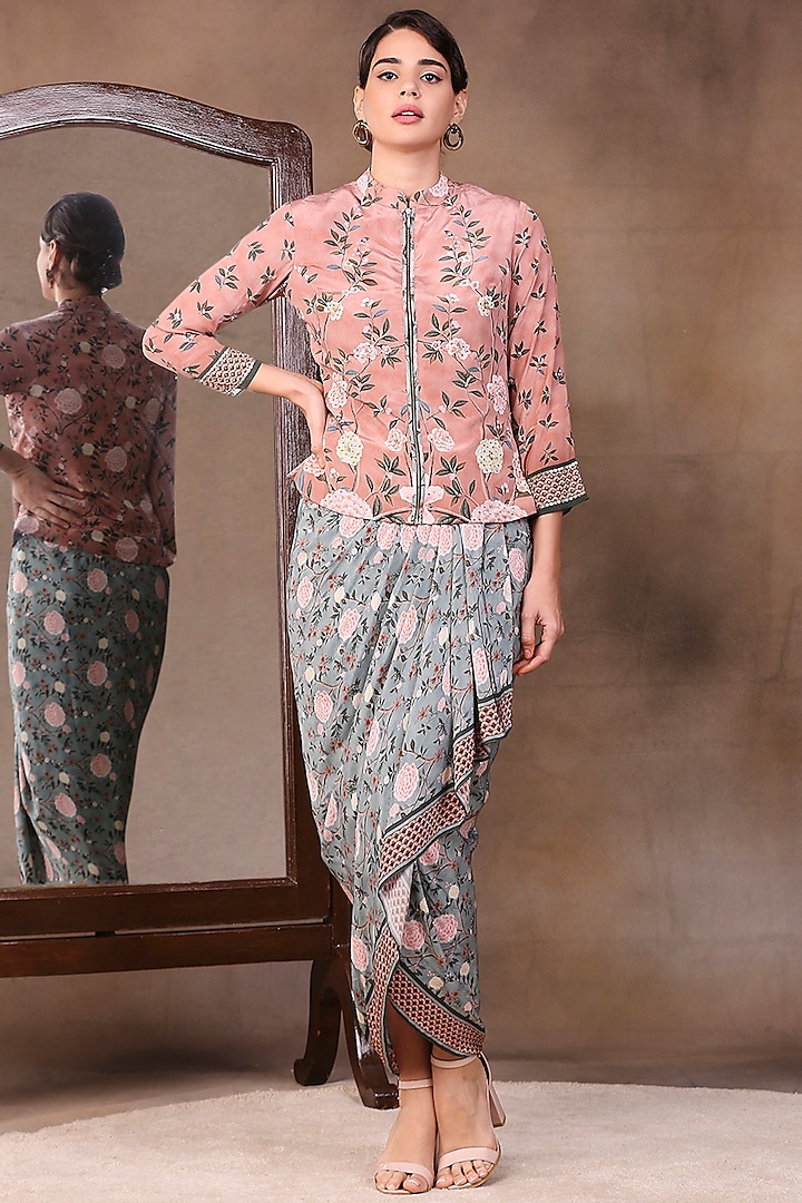 Peach Embroidered Jacket Set by Soup by Sougat Paul