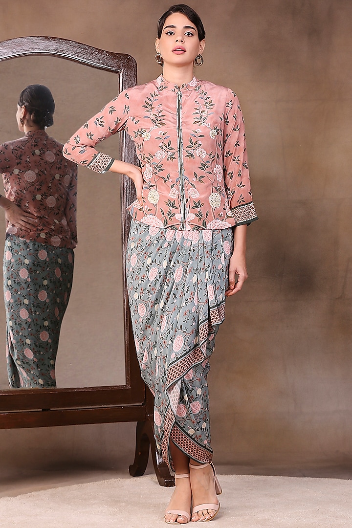 Peach Embroidered Jacket Set by Soup by Sougat Paul at Pernia's Pop Up Shop