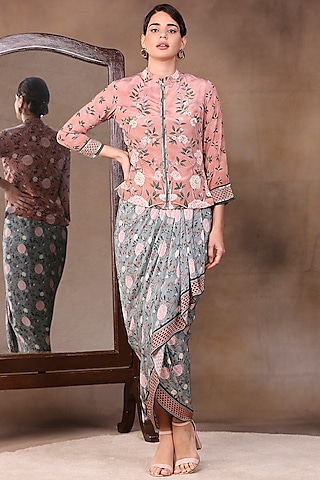 Peach Embroidered Jacket Set by Soup by Sougat Paul