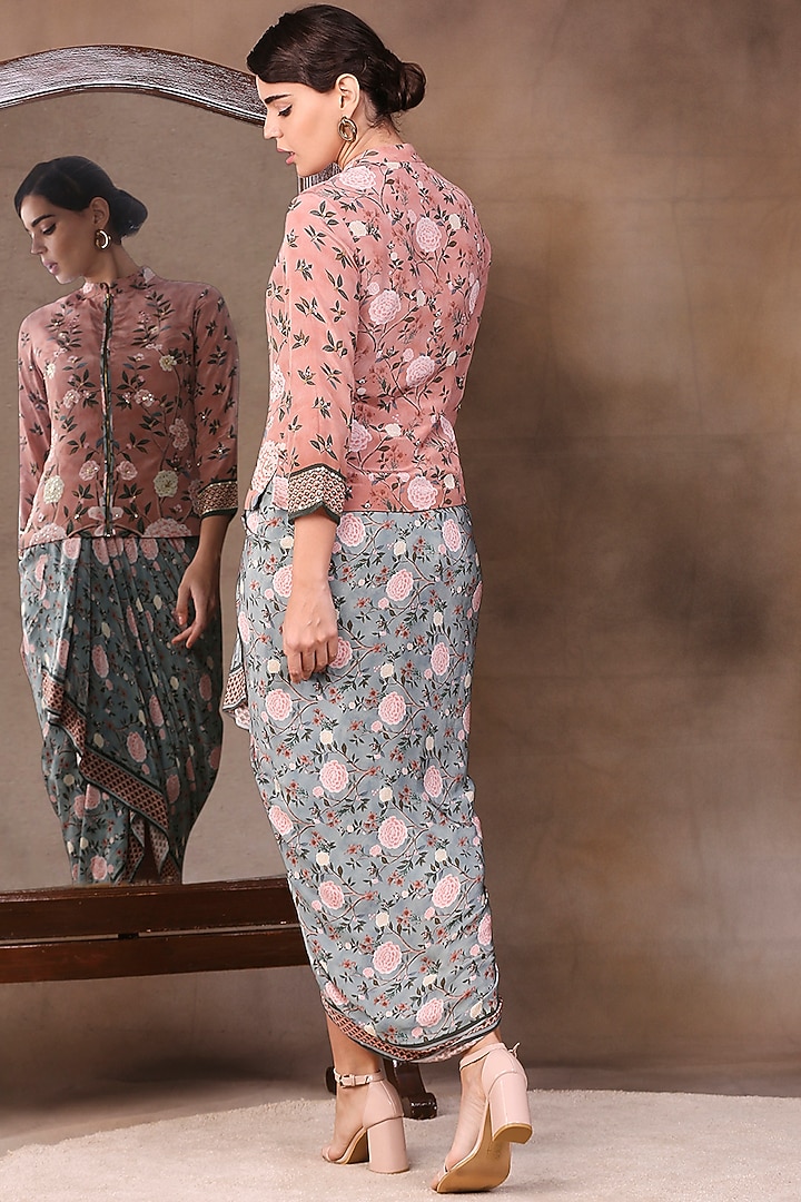 Peach Embroidered Jacket Set by Soup by Sougat Paul at Pernia's Pop Up Shop