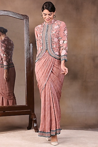 Peach Crepe Jacket Set by Soup by Sougat Paul