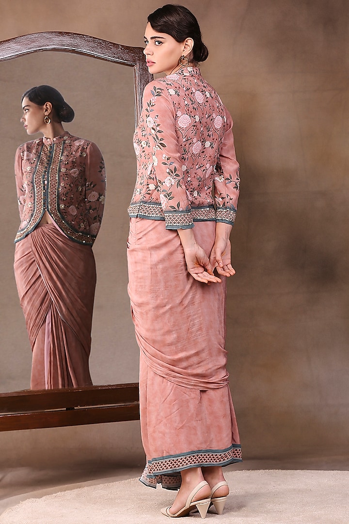 Peach Crepe Jacket Set by Soup by Sougat Paul at Pernia's Pop Up Shop