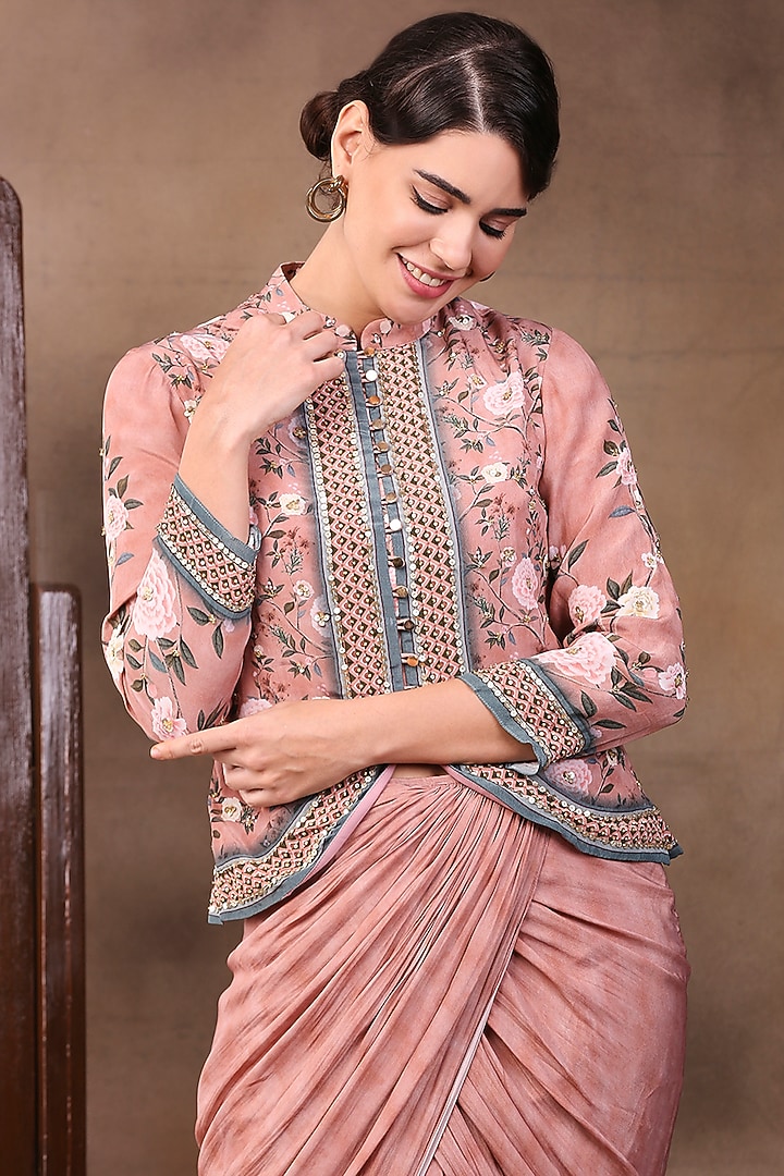 Peach Crepe Jacket Set by Soup by Sougat Paul at Pernia's Pop Up Shop