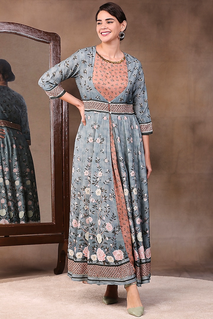 Peach Anarkali With Green Jacket by Soup by Sougat Paul