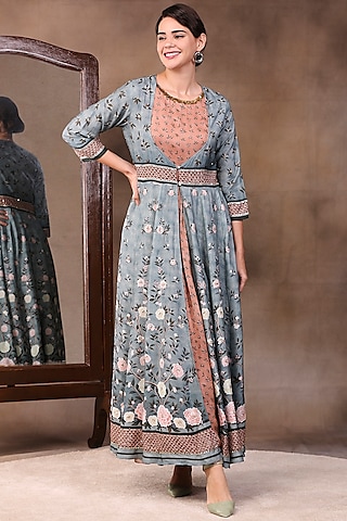 Peach Anarkali With Green Jacket by Soup by Sougat Paul