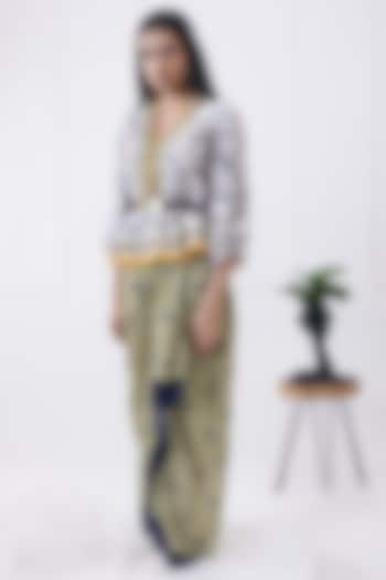 Cream & Caledon Green Cotton Silk Printed Draped Skirt Set by Soup by Sougat Paul