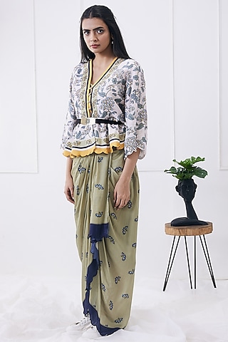 Cream & Caledon Green Cotton Silk Printed Draped Skirt Set by Soup by Sougat Paul