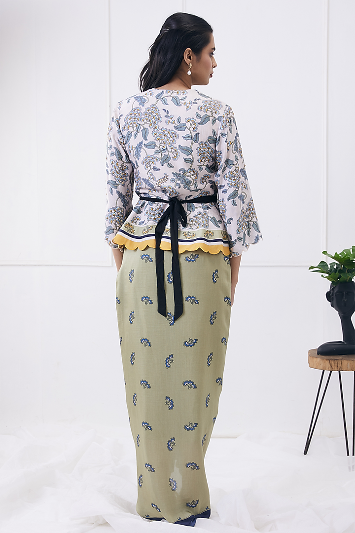 Cream & Caledon Green Cotton Silk Printed Draped Skirt Set by Soup by Sougat Paul at Pernia's Pop Up Shop