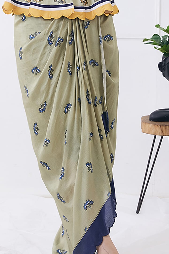 Cream & Caledon Green Cotton Silk Printed Draped Skirt Set by Soup by Sougat Paul at Pernia's Pop Up Shop