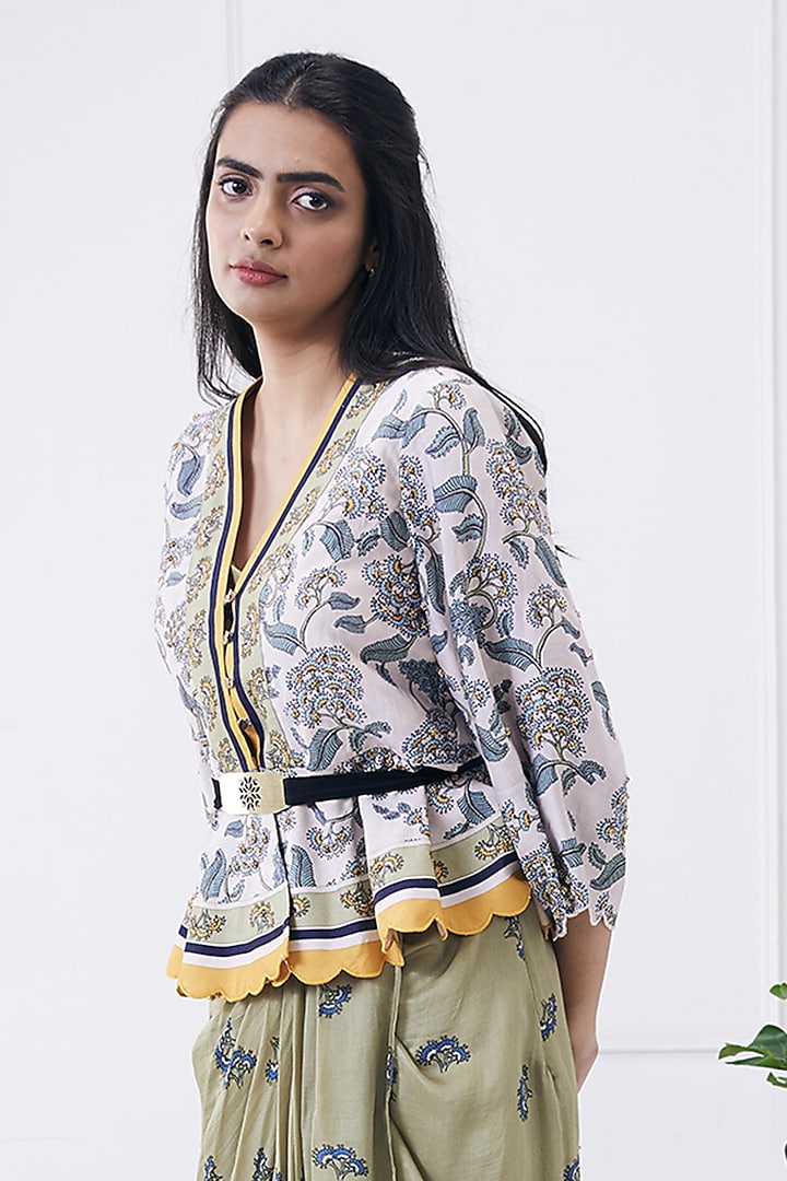 Cream & Caledon Green Cotton Silk Printed Draped Skirt Set by Soup by Sougat Paul at Pernia's Pop Up Shop