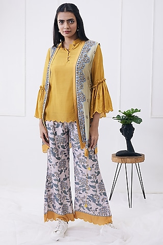 Yellow & Caledon Green Cotton Silk Printed Jacket Set by Soup by Sougat Paul