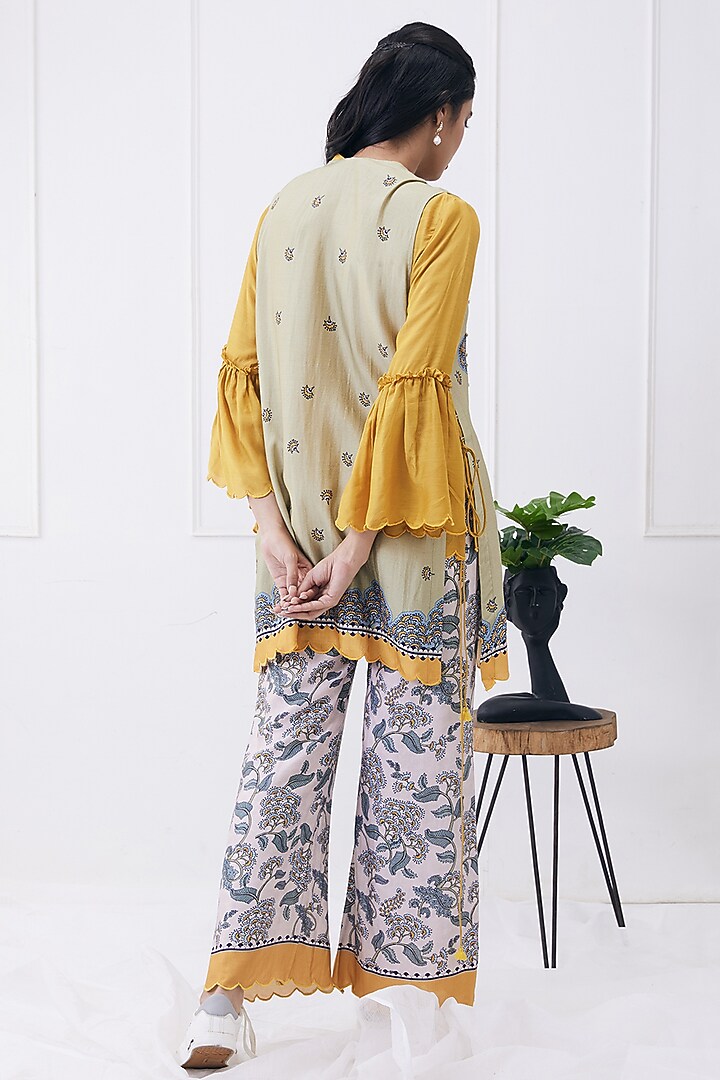 Yellow & Caledon Green Cotton Silk Printed Jacket Set by Soup by Sougat Paul at Pernia's Pop Up Shop
