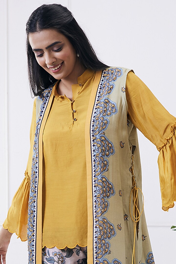 Yellow & Caledon Green Cotton Silk Printed Jacket Set by Soup by Sougat Paul at Pernia's Pop Up Shop