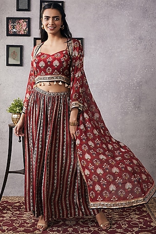 Red Chiffon & Crepe Embroidered Jacket Set by Soup by Sougat Paul