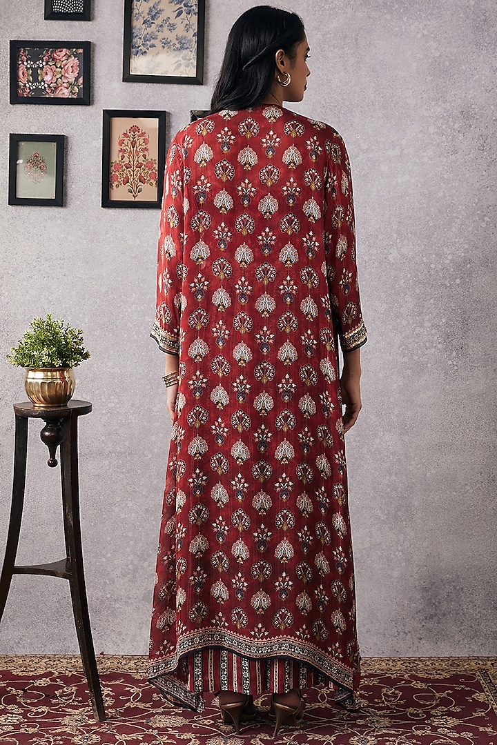 Red Chiffon & Crepe Embroidered Jacket Set by Soup by Sougat Paul at Pernia's Pop Up Shop