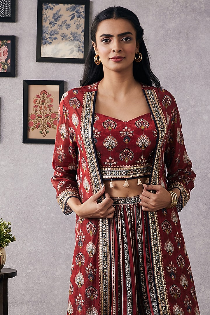 Red Chiffon & Crepe Embroidered Jacket Set by Soup by Sougat Paul at Pernia's Pop Up Shop