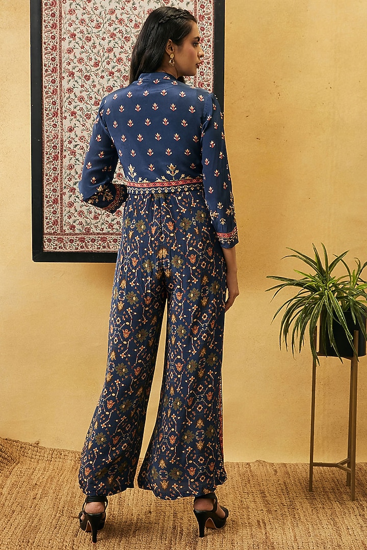 Blue Crepe Printed Jumpsuit With Jacket by Soup by Sougat Paul at Pernia's Pop Up Shop