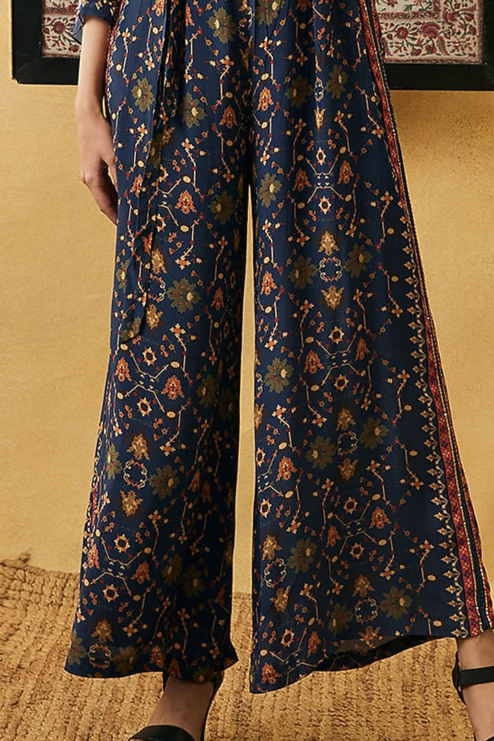 Blue Crepe Printed Jumpsuit With Jacket by Soup by Sougat Paul at Pernia's Pop Up Shop