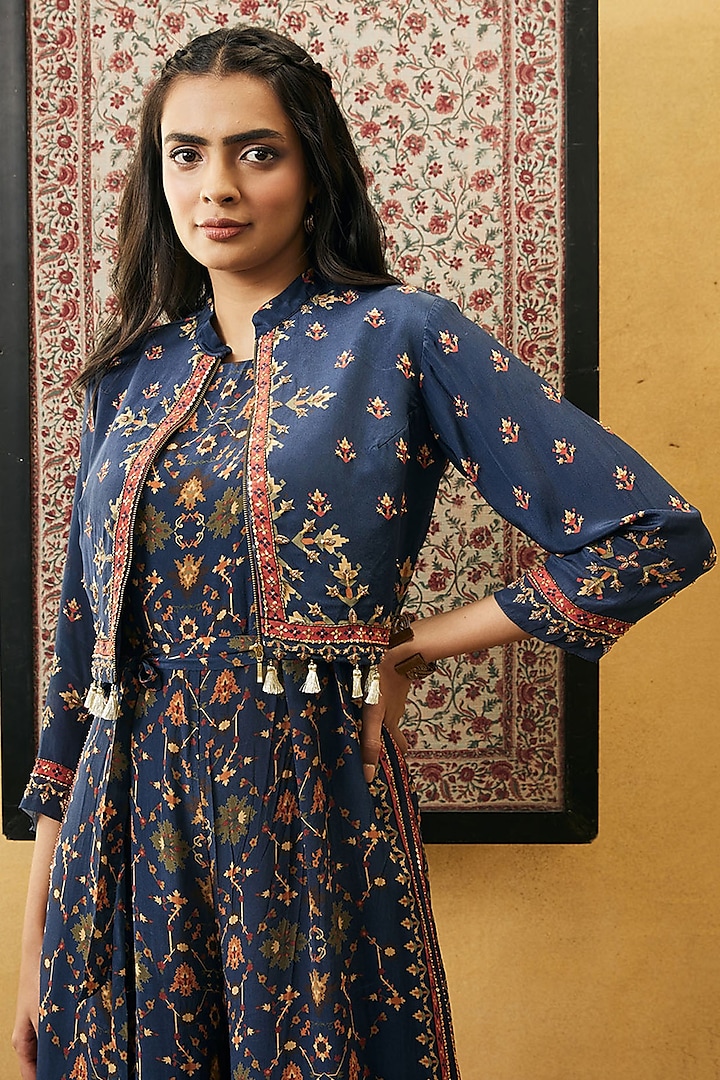 Blue Crepe Printed Jumpsuit With Jacket by Soup by Sougat Paul at Pernia's Pop Up Shop