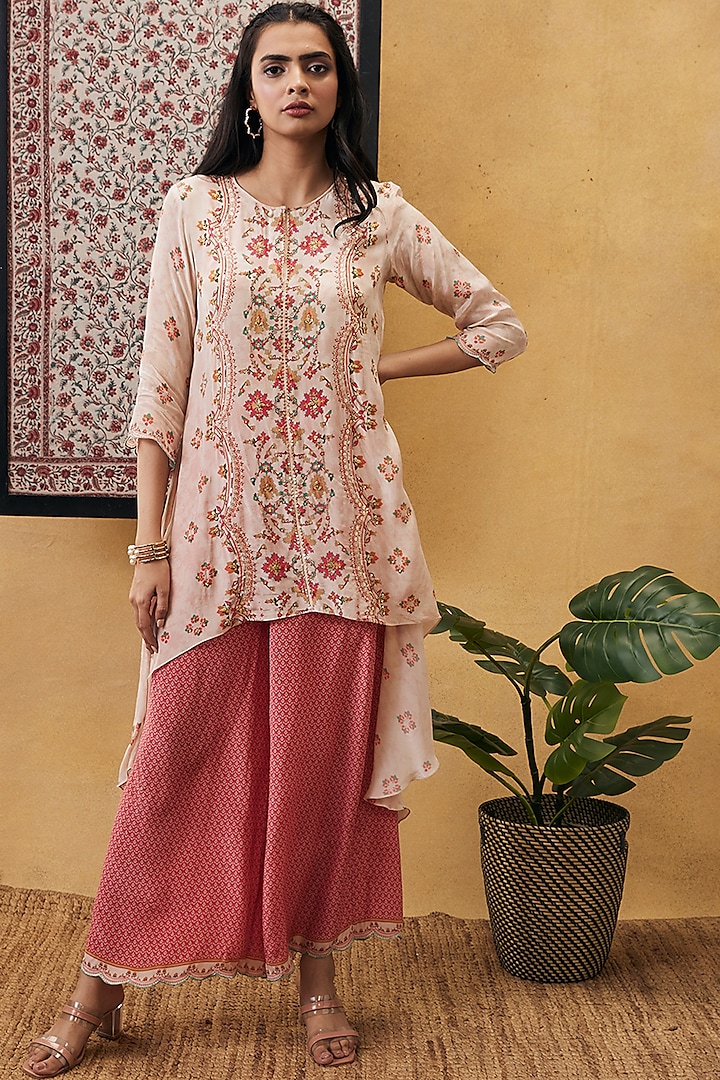 Cream & Pink Crepe Embroidered Kurta Set by Soup by Sougat Paul