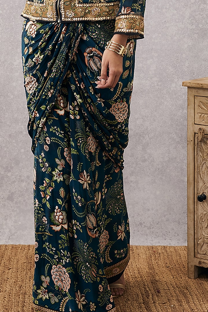 Green Malaysian Silk & Crepe Draped Skirt Set by Soup by Sougat Paul at Pernia's Pop Up Shop