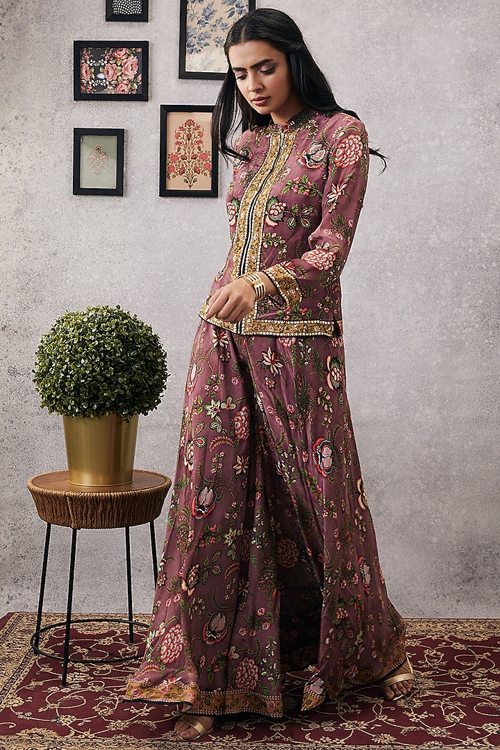 Pink Malaysian Silk & Crepe Embroidered Jacket Set by Soup by Sougat Paul