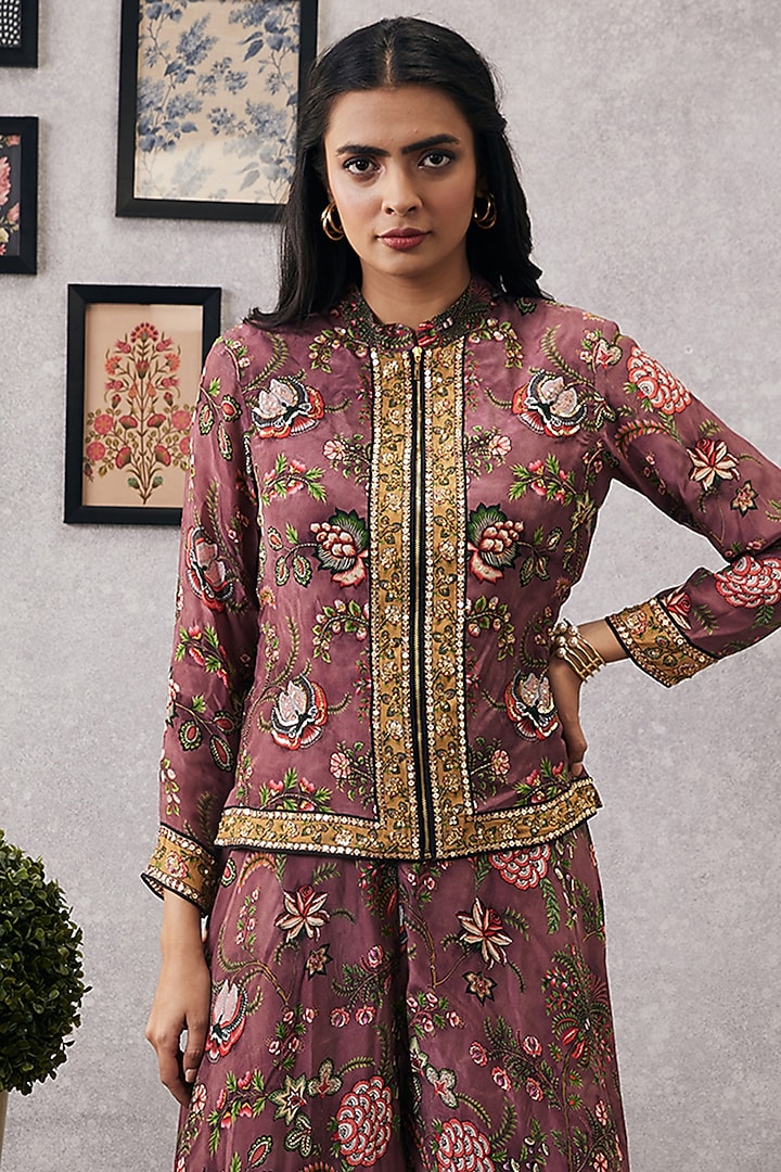 Pink Malaysian Silk & Crepe Embroidered Jacket Set by Soup by Sougat Paul at Pernia's Pop Up Shop